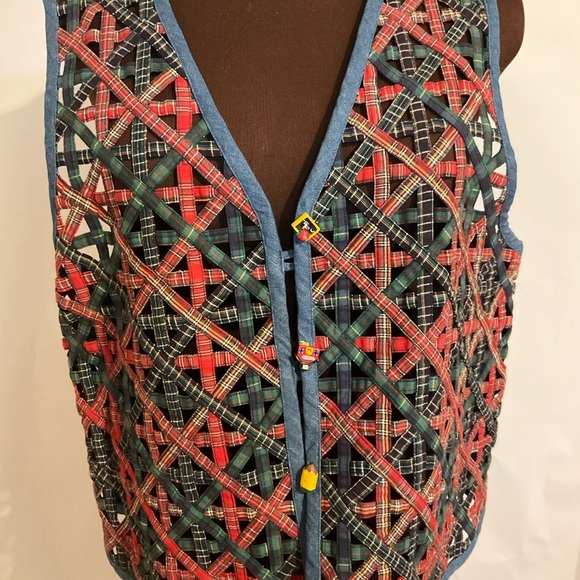 Casey & Max Vintage Vest Denim & Plaid Christmas School Large Blue Red Green - Picture 1 of 11